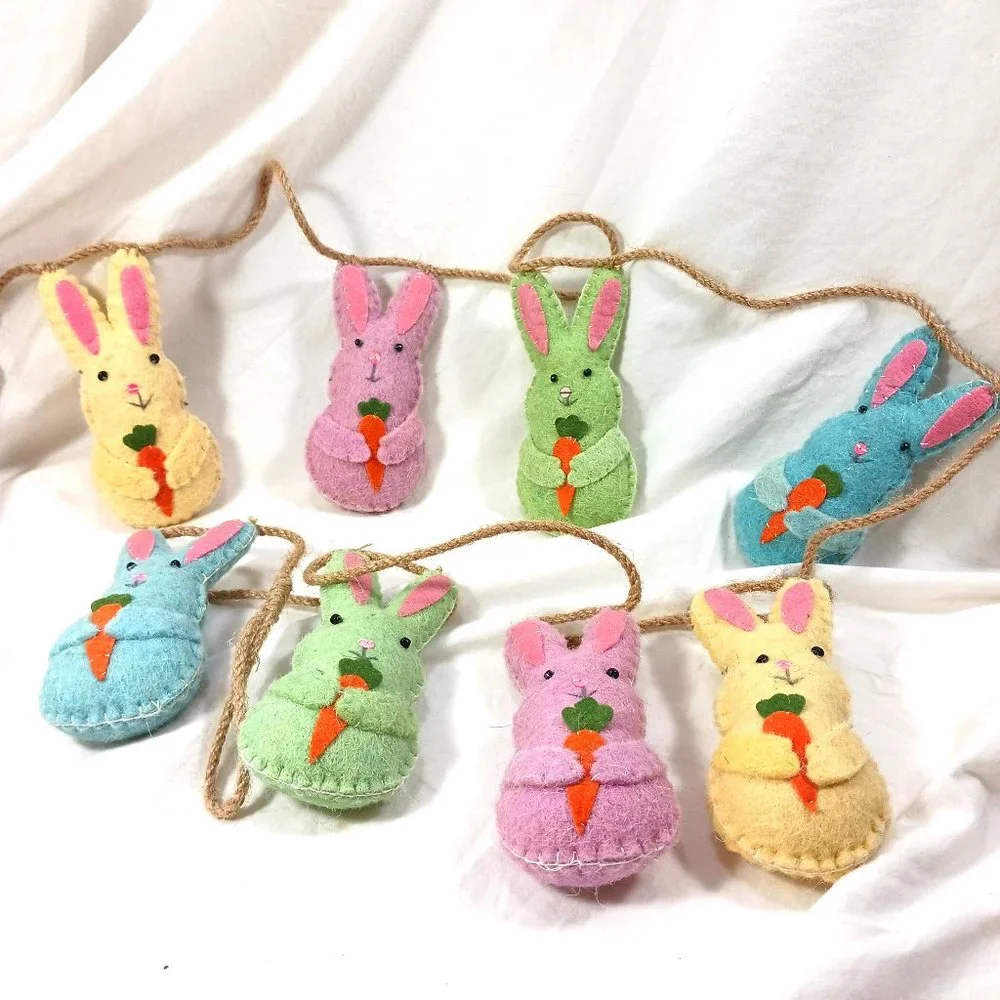 Cottontail Lane Wool Felt Twine Easter Garland Bunny Rabbits Stuffed Pastel 6ft